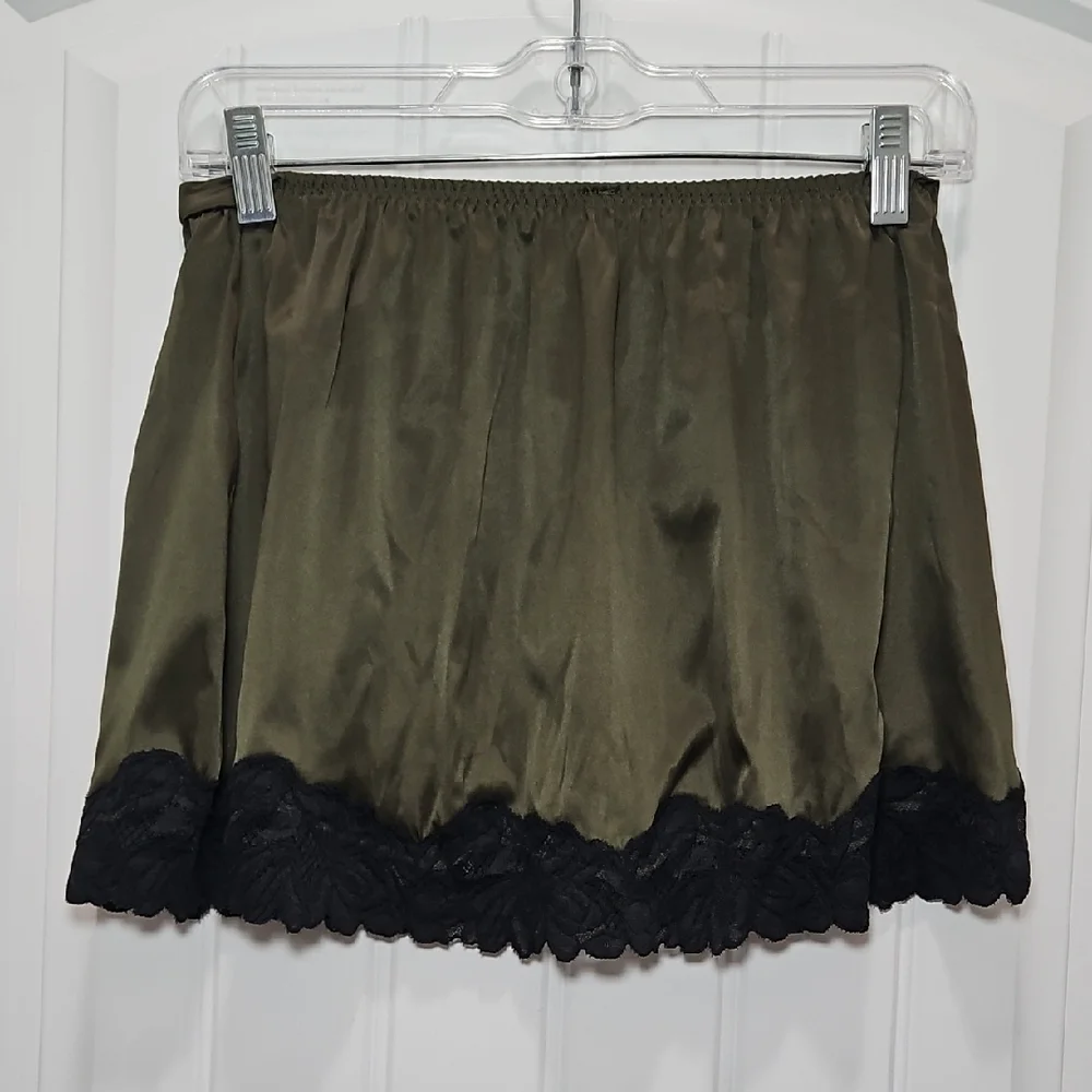 Auden Moss Green Satin Slip with Black Lace Detail